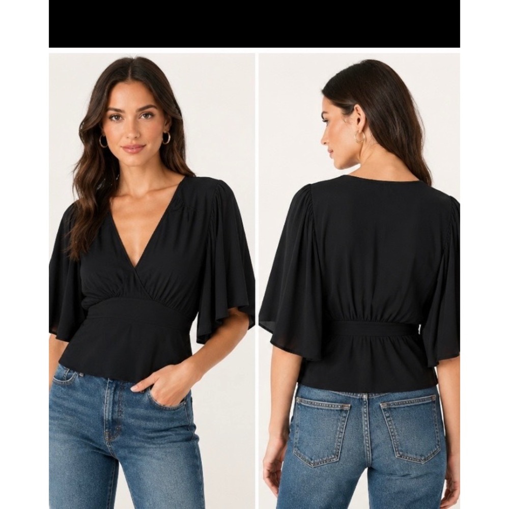 Anthropologie Black Flutter Sleeve Surplice V-Neck Peplum Top Viscose Blend S